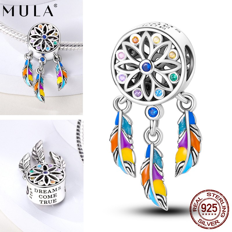 MULA European Find Dream 925 Sterling Silver Feather DIY Charm Fit Lady Bracelet
