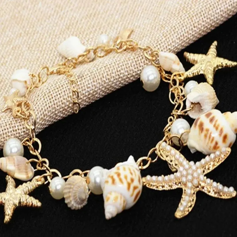 Gold Color Metal Starfish Conch Charm Women Bracelet Imitation Pearl Natural