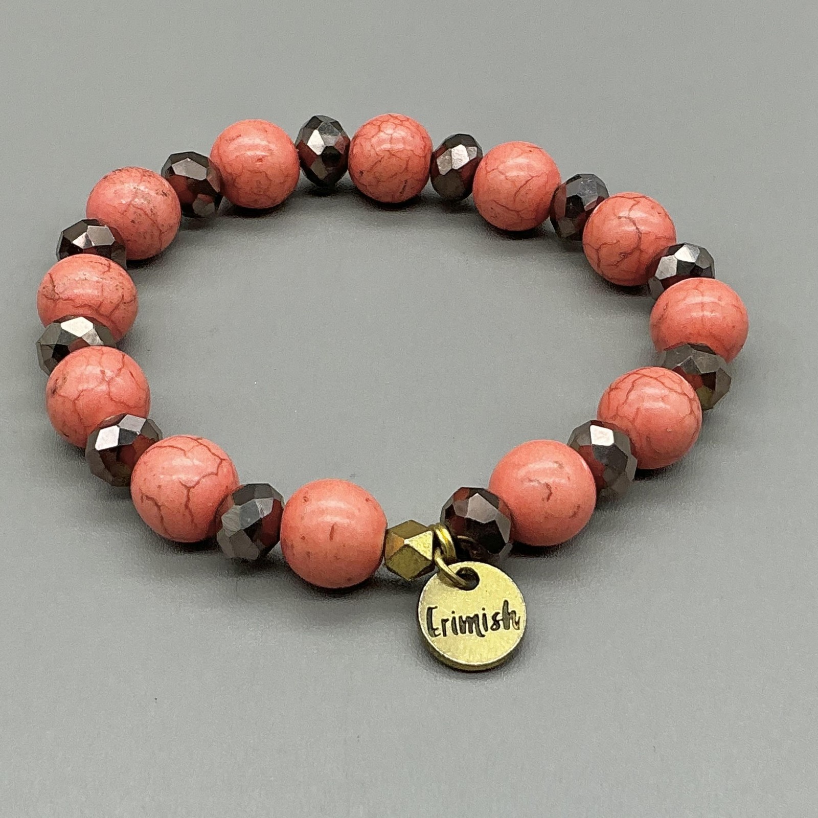 Erimish Bracelet Pink Stone Beaded Stretch Gold Tone Charm Womens Boho 6 Inch