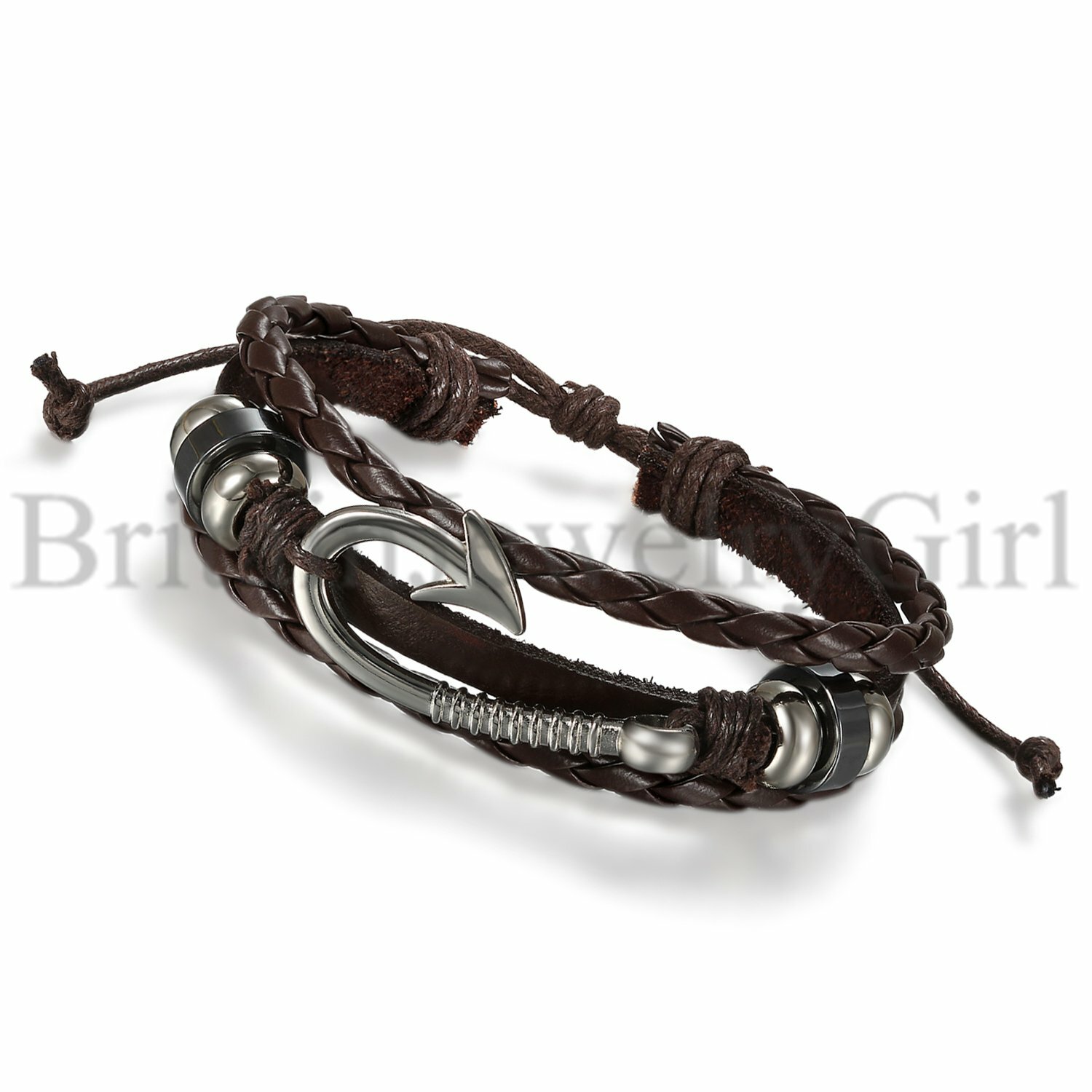 Men Women Multi-layer Fishing Hook Beaded Braided Leather Cuff Bangle Bracelet