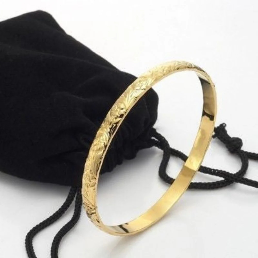 18ct Heavy Yellow Gold Plated Embossed Filigree Women’s Bangle – USA Made