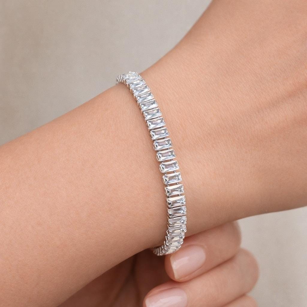 Vintage Made with Swarovski Crystal Baguette Tennis Bracelet Sterling Overlay