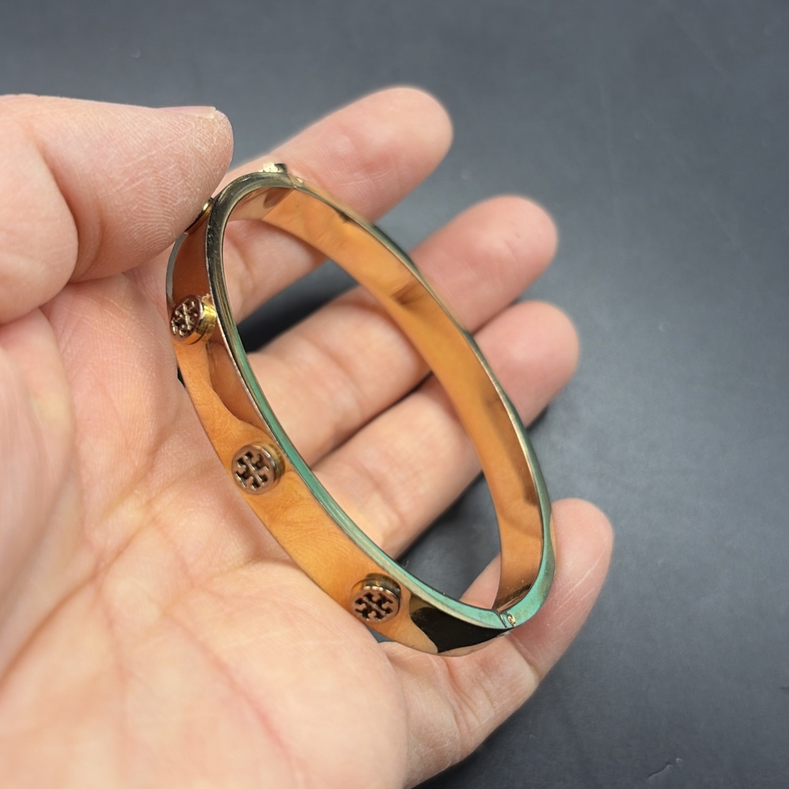 Tory Burch Miller Stud Hinge Bangle Bracelet 5mm Size Medium in Gold 6.5”L