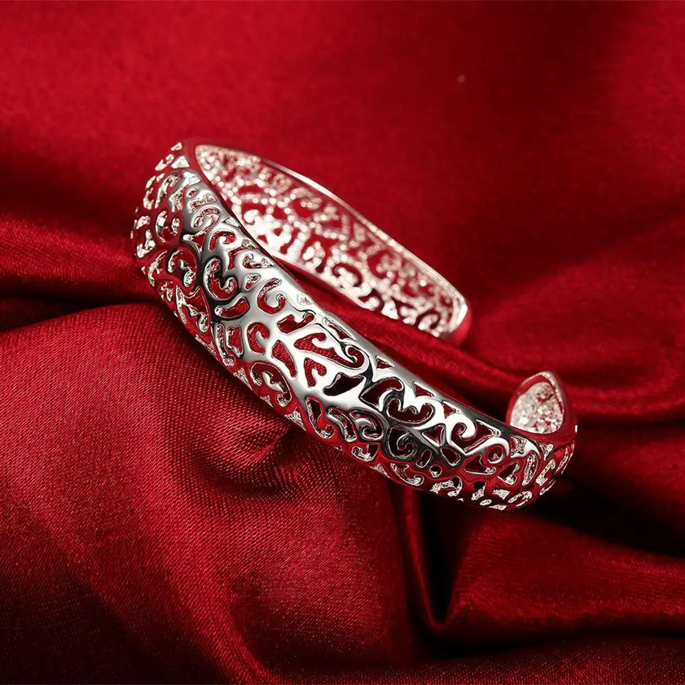925 Sterling Silver Cuff Bangle Women Adjustable Round Layered Charm Jewelry