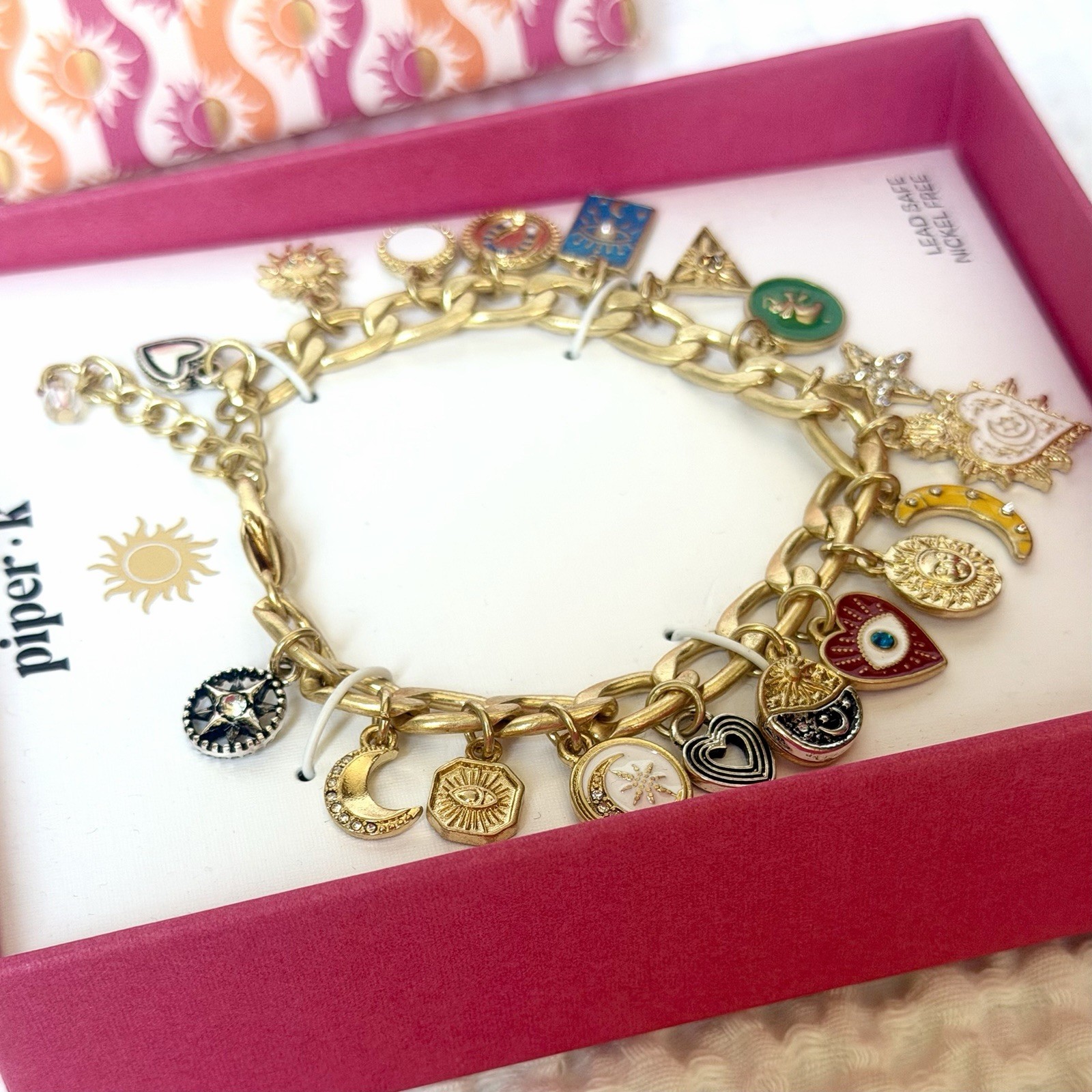 Piper K Viral Celestial Evil Eye Charm Bracelet Gold Tone Nickel Free Boho NEW