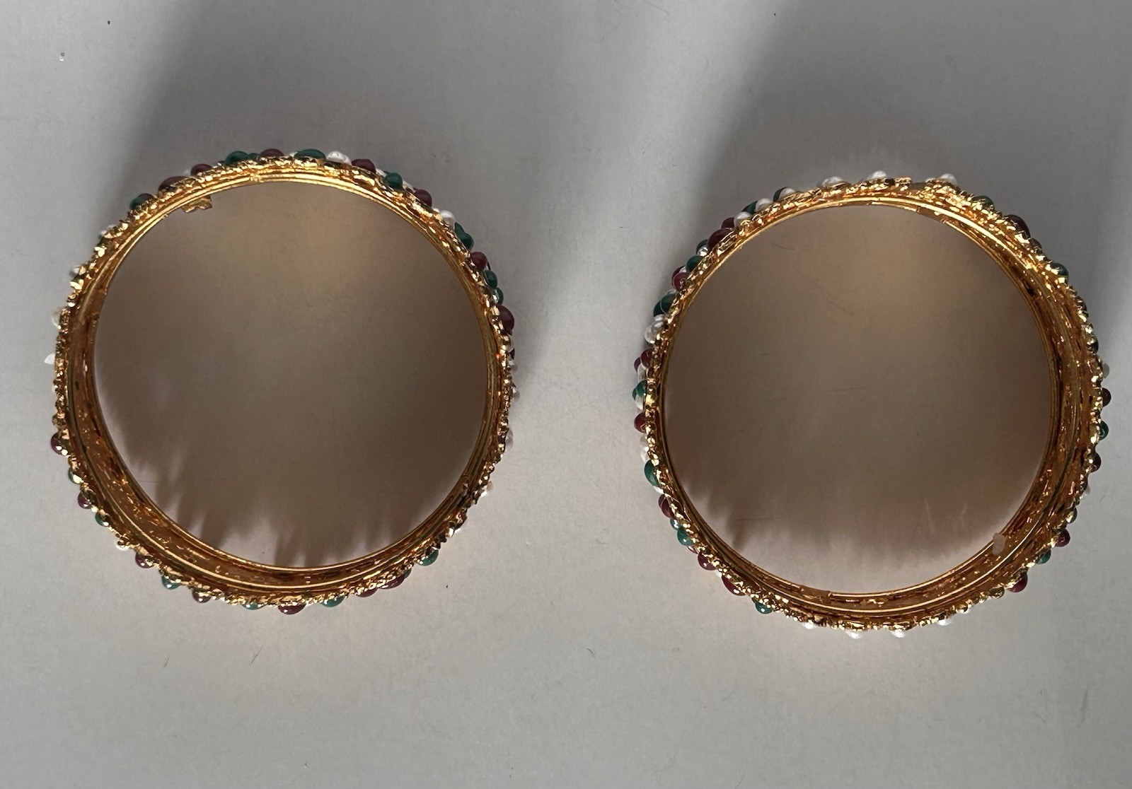 Pair Gold Tone Indian Style Bangles Faux Pearl Red Green Cabochon Rhinestones