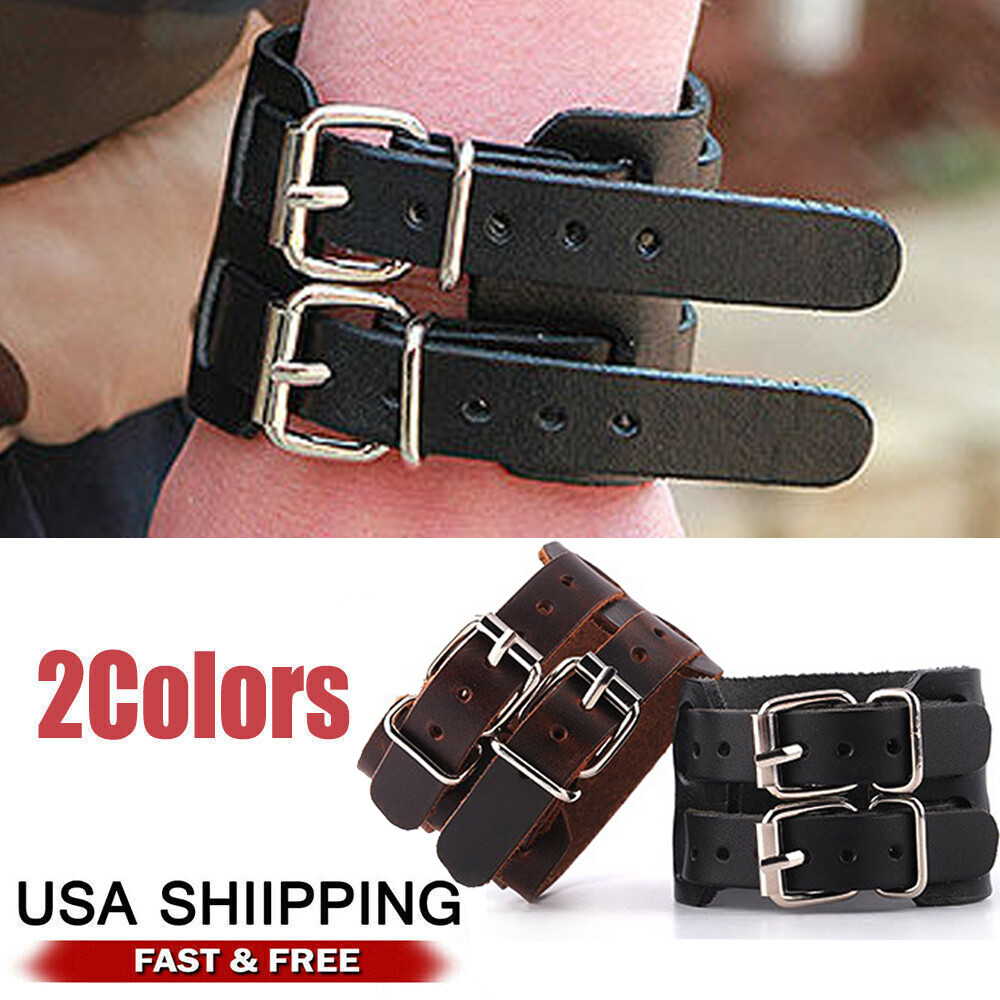 Men Adjustable Wide Genuine Leather Belt Wristband Bangle Cuffs Bracelet Punk US