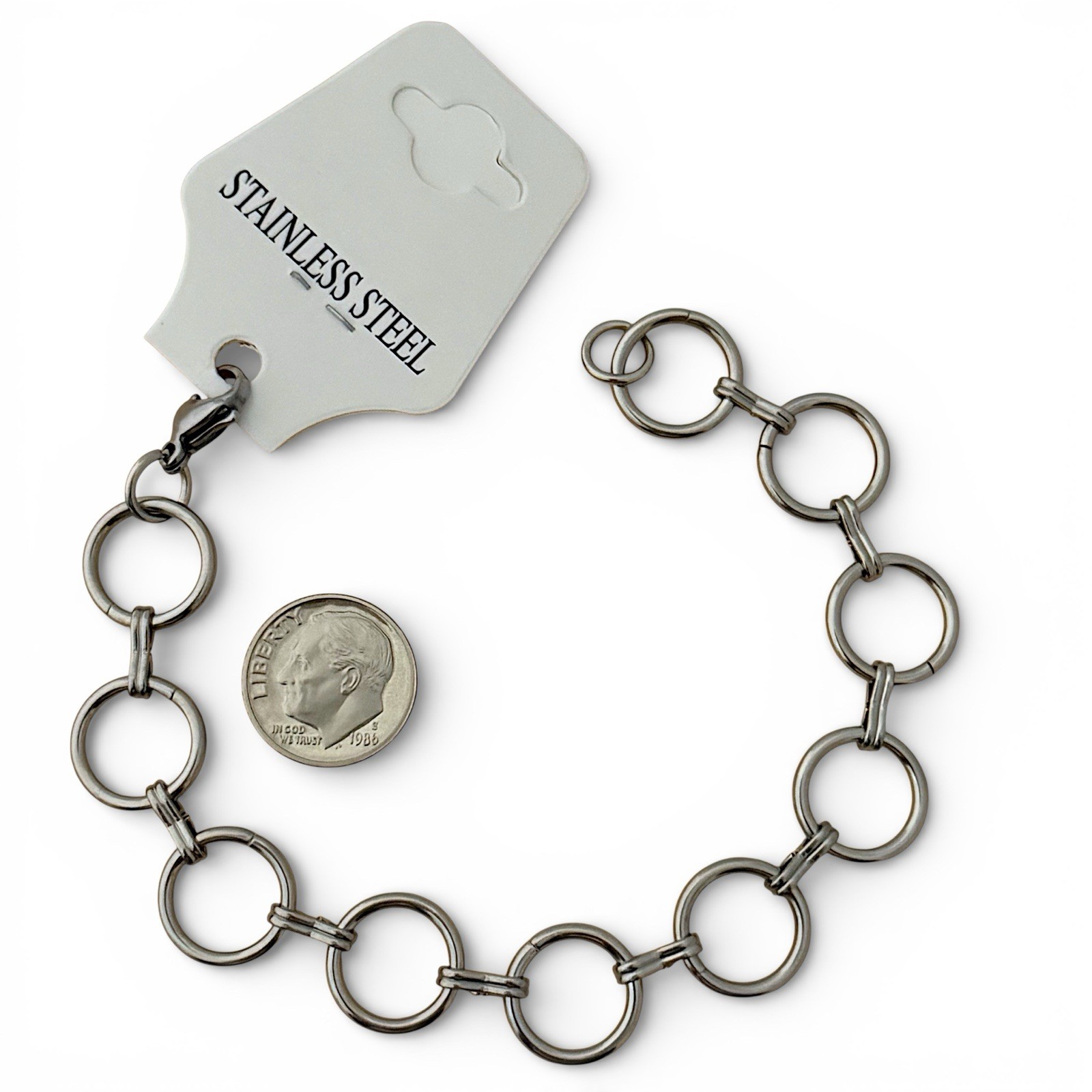 Stainless Steel Round Link Bracelet 7.6″ Silver Tone Lobster Clasp Women Fashion