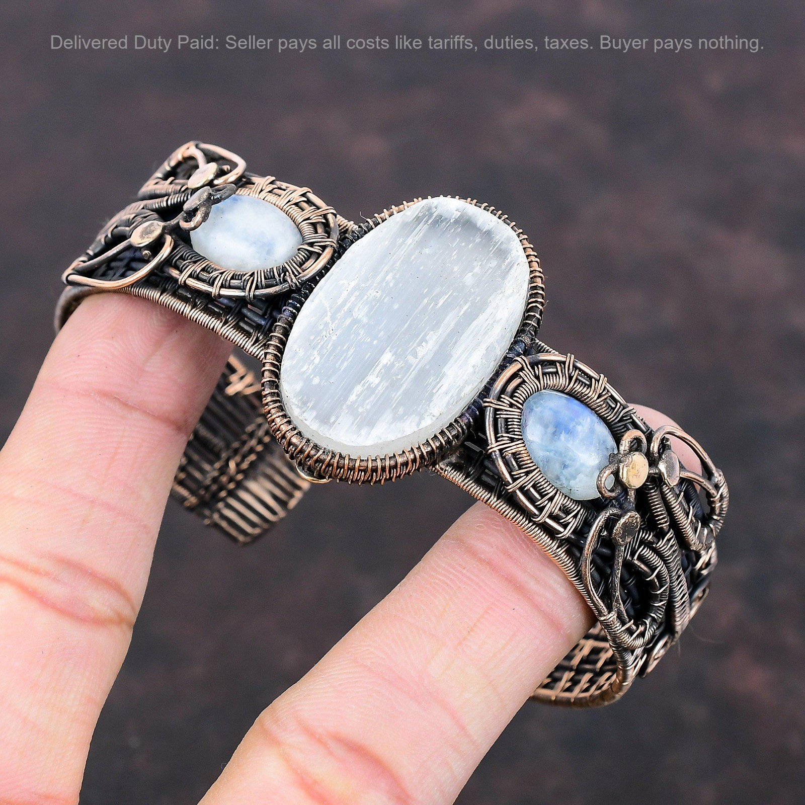 Copper Selenite Druzy Stone Rainbow Moonstone Anniversary Wire Wrapped Bangle