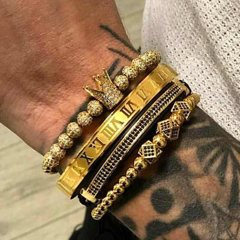 Men 18kt Gold Plated CZ Crown Bracelet Roman Numeral Stainless Steel Cuff Bangle