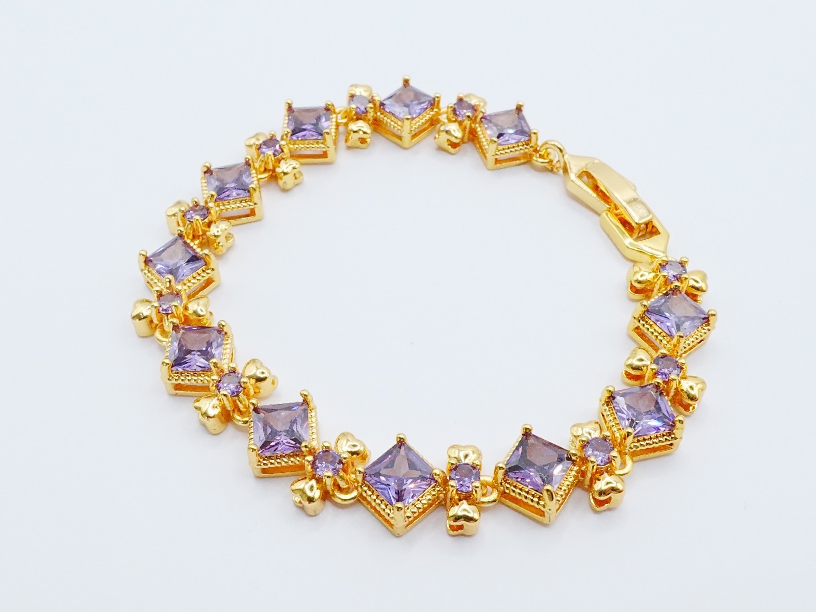 Bracelet Beautiful Purple Gemstone 24K Yellow Gold Plated 6″ Women Jewelry