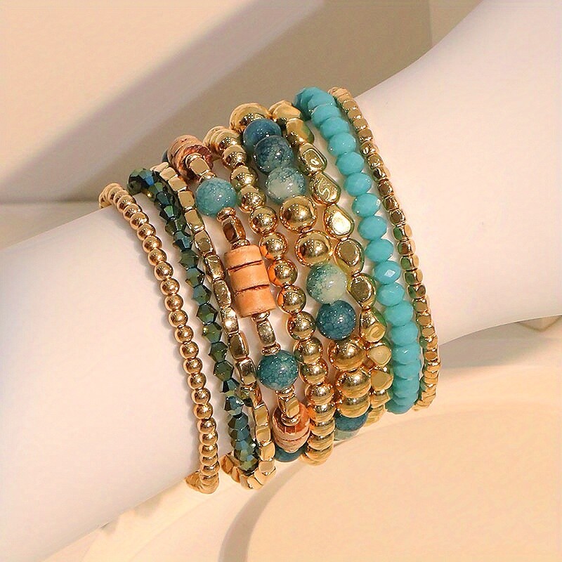 9 Boho Beaded Bracelet Set Blue Color Multi-Layer Stretch Stackable Bracelet
