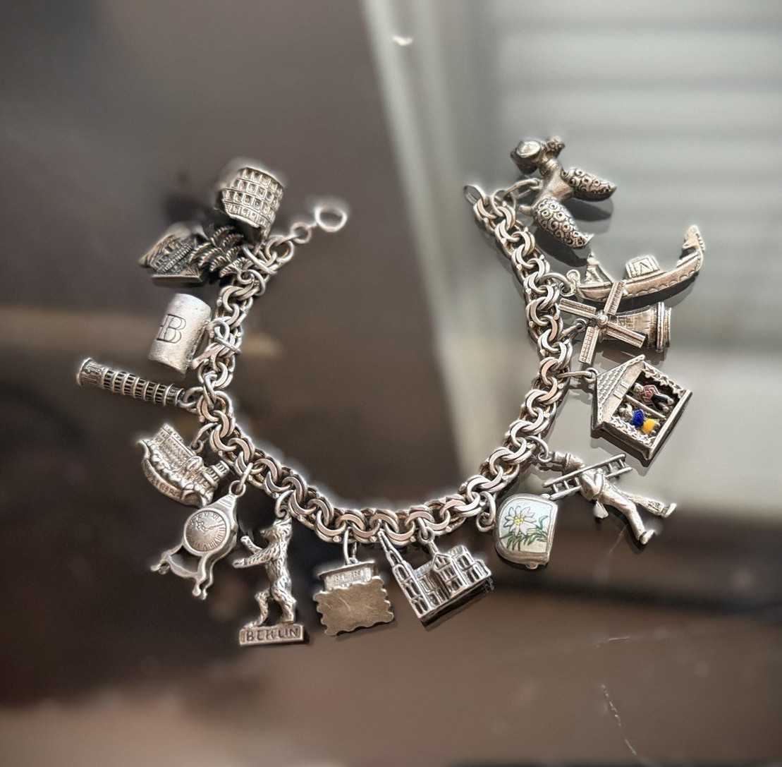 Vintage German Silver Travel Charm Bracelet