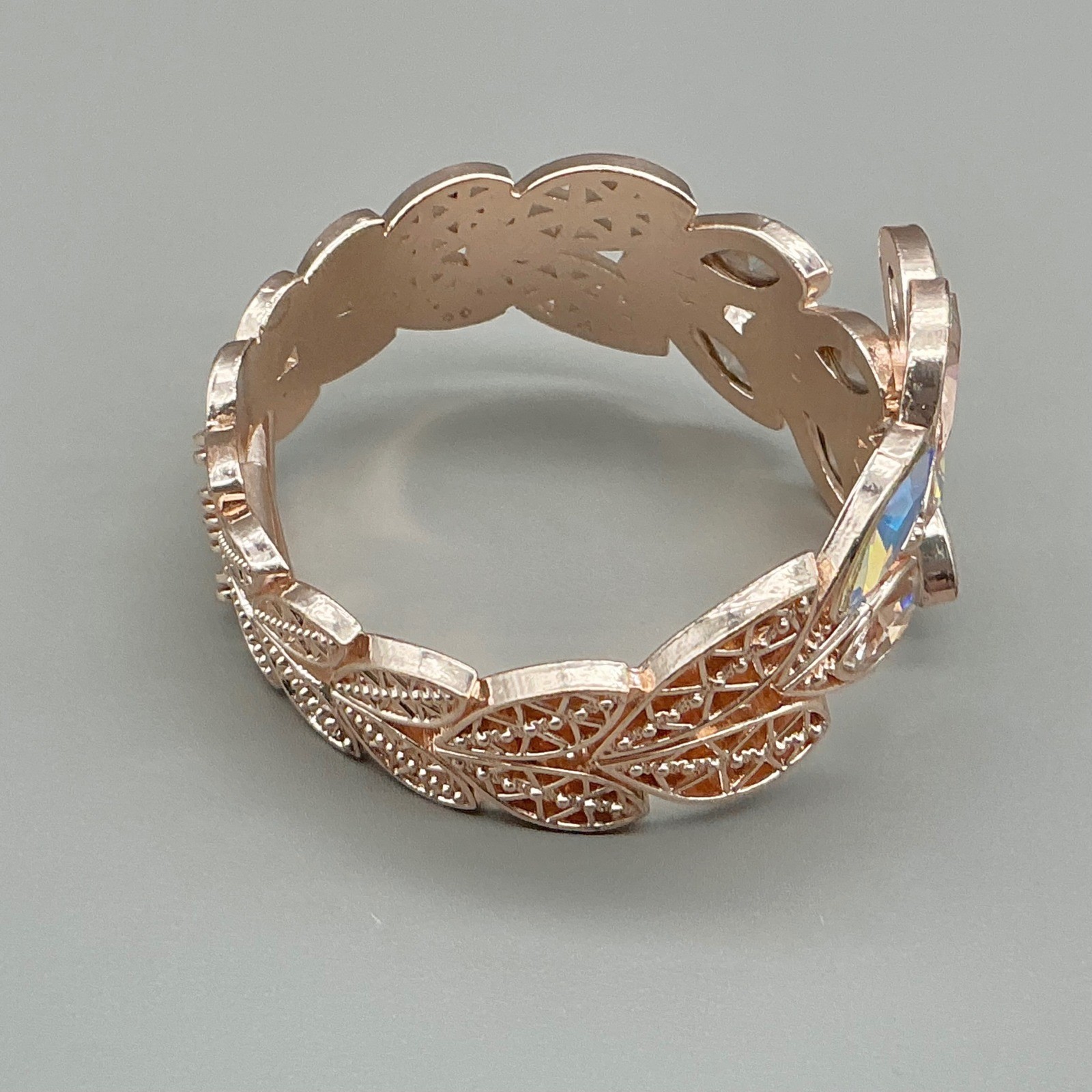 Bracelet Womens Rose Gold Tone Leaf Crystal Rhinestone Hinged Cuff Bangle 7 Inch