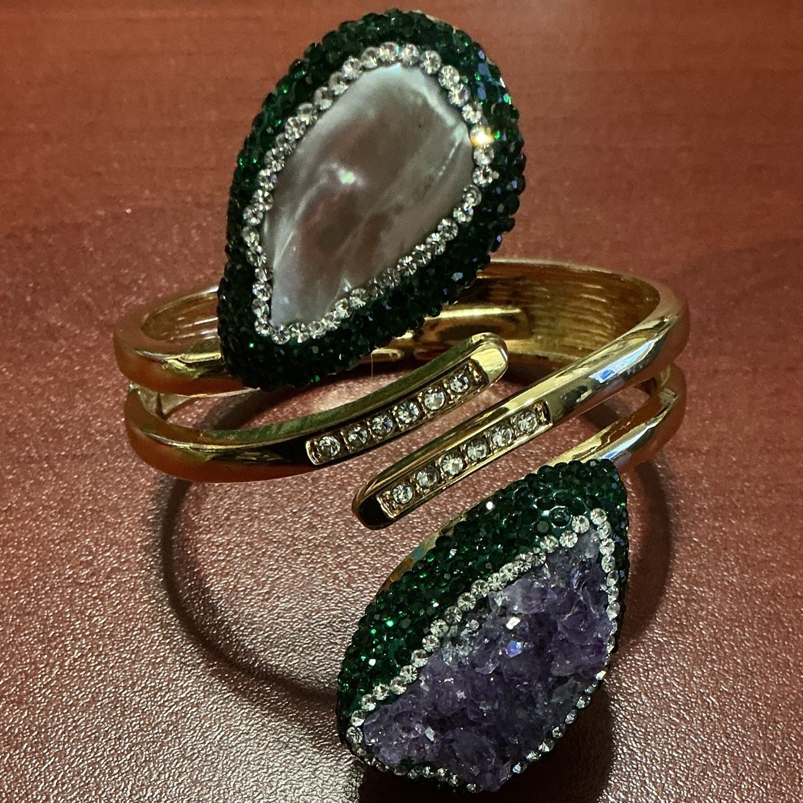 Gold Tone Adjustable Cuff Bracelet No Clasp Teardrop Purple Stones Pavé, 2