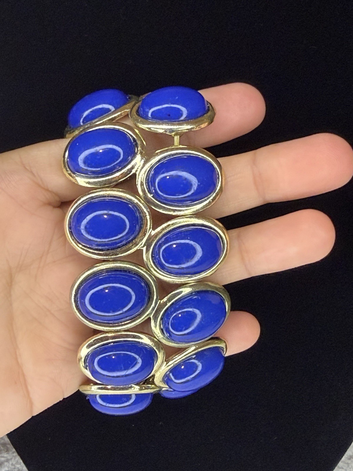 Blue Oval Cabochon Bezel Link Bangle Bracelet, Gold Tone, Stackable