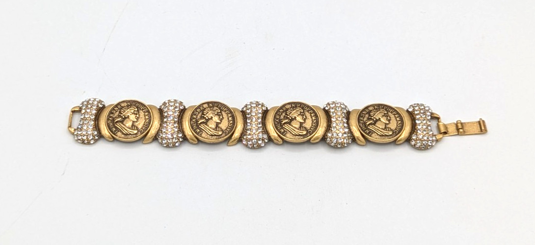 Greek Roman Emperor Faux Coin Bracelet Antique Gold Tone panel link Rhinestone