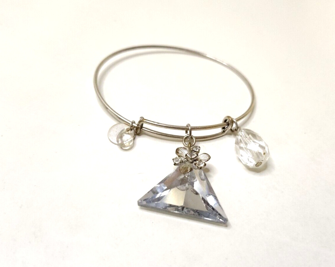 BANGLE CHARM BRACELT SILVER TONE FLOWER RHINESTONE FACETED WHITE/COLORLESS BEADS