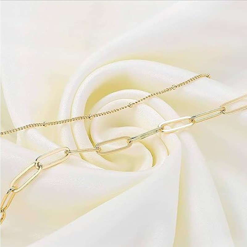14K Gold Filled Layered Paperclip Bracelet Dainty Beaded Link Chain Adjustable