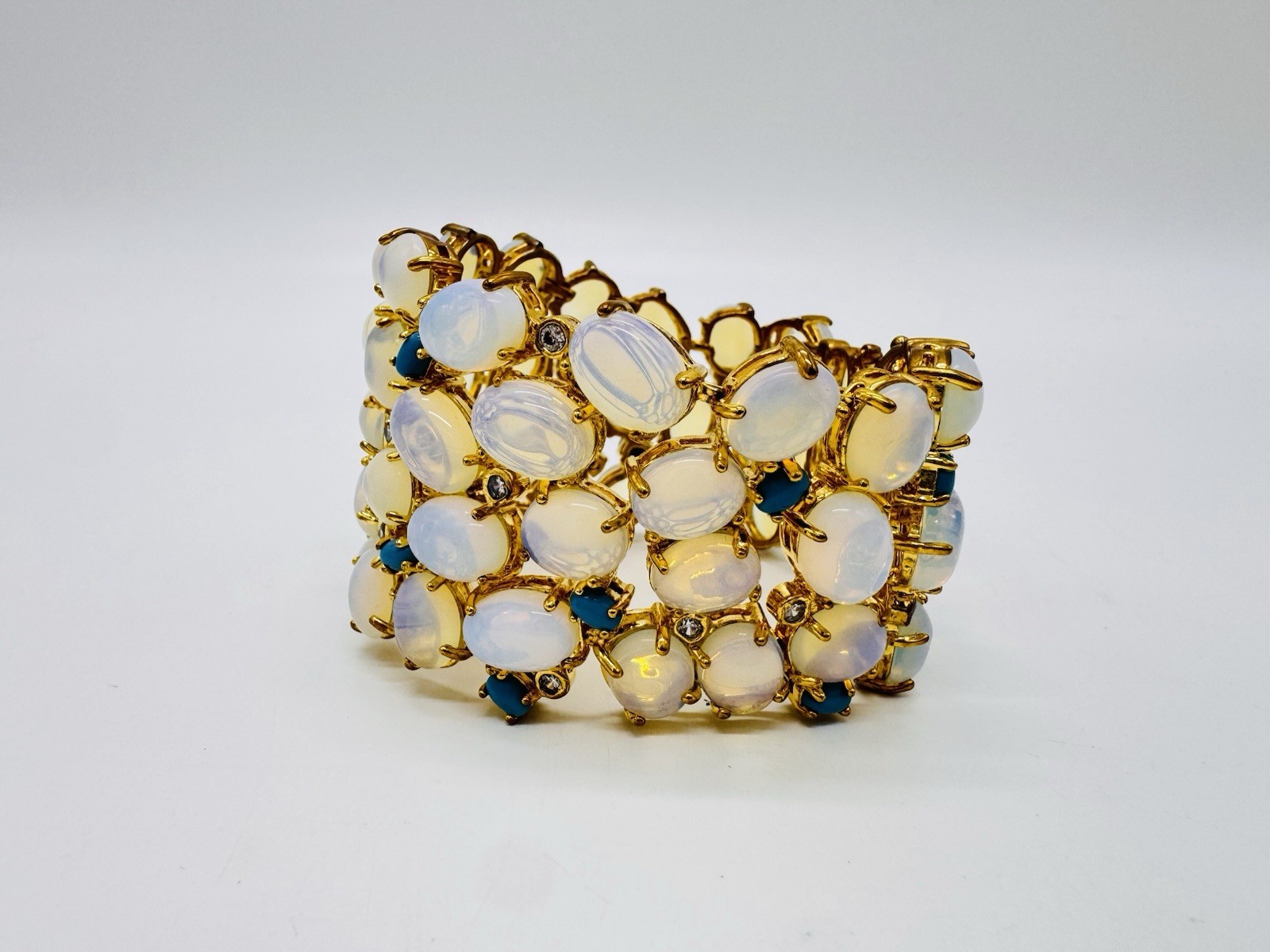 Opalite Cabochon Statement Bracelet W/ Faux Turquoise & CZ Accents Gold Metal