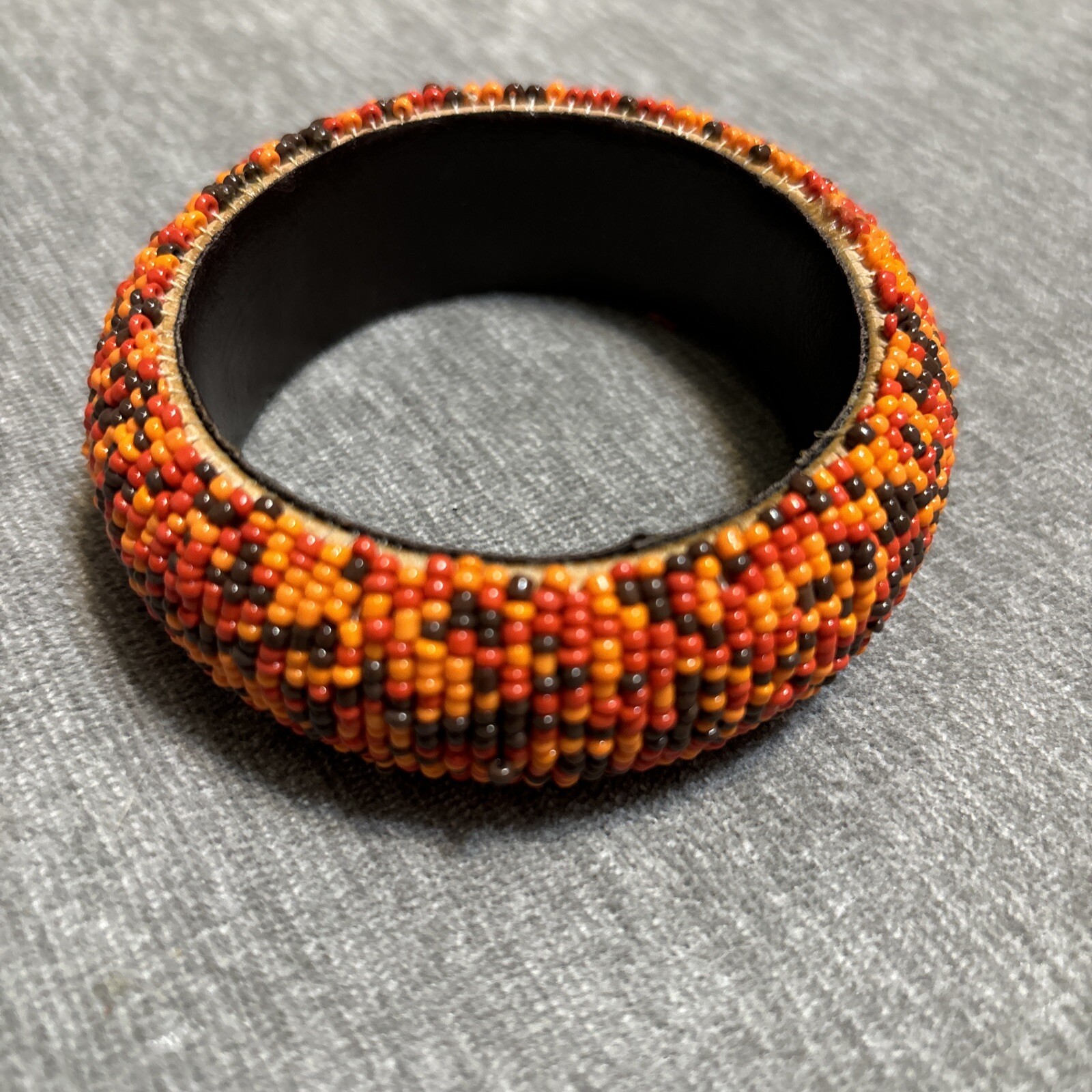 Vintage Seed Bead Leather Snap Bracelet Bangle Southwestern Boho Orange Brown