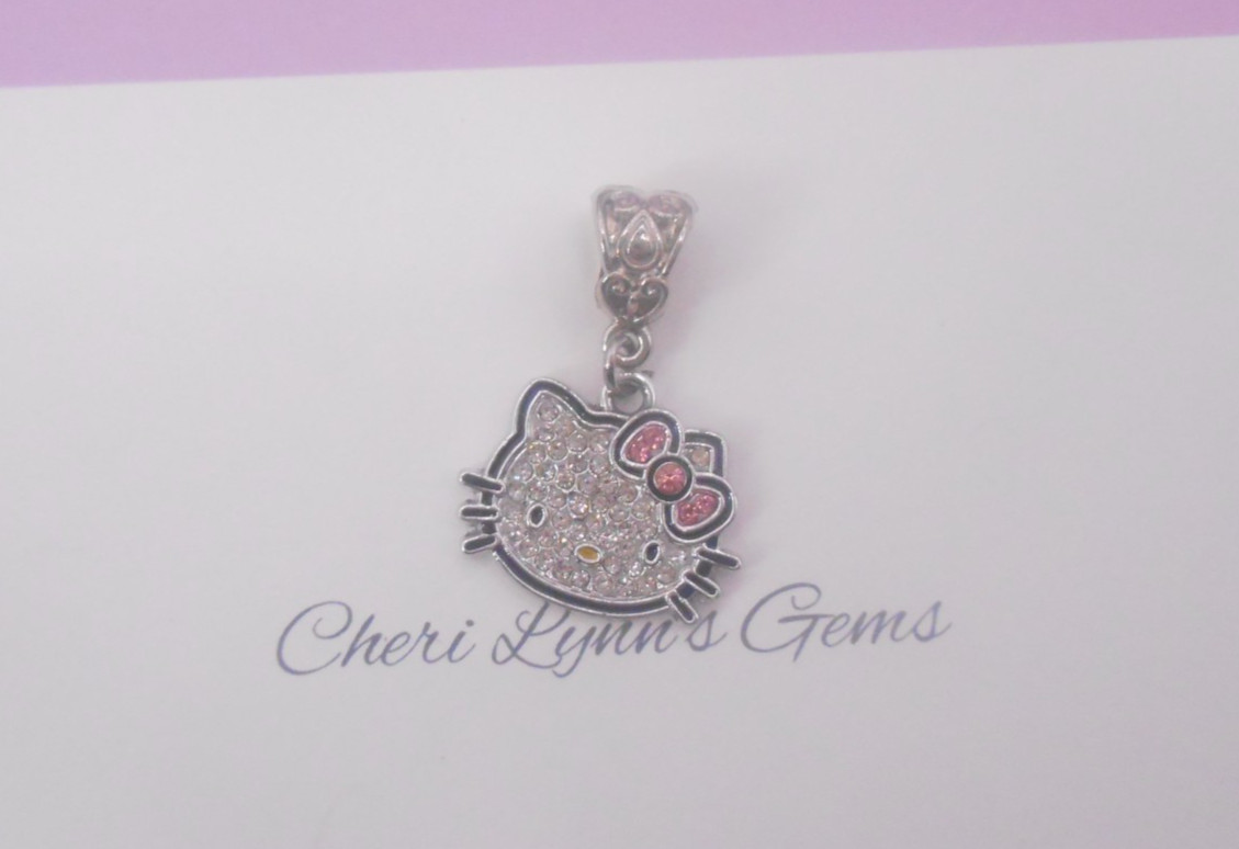 SILVER PINK CZ BOW HELLO KITTY CAT BRACELET CHARM DANGLE BEAD PENDANT & POUCH!