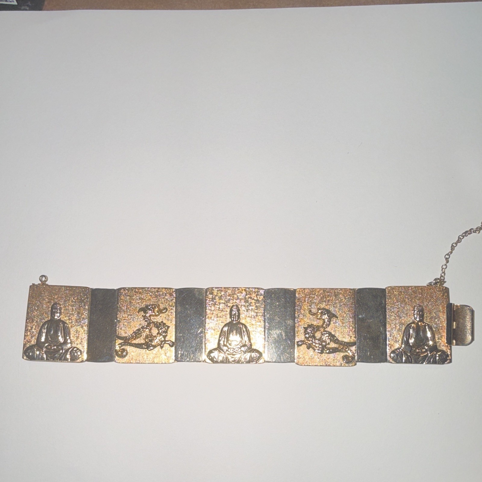 VINTAGE GOLD TONE BUDDHA DRAGON PANEL LINK BRACELET WITH SAFETY CHAIN