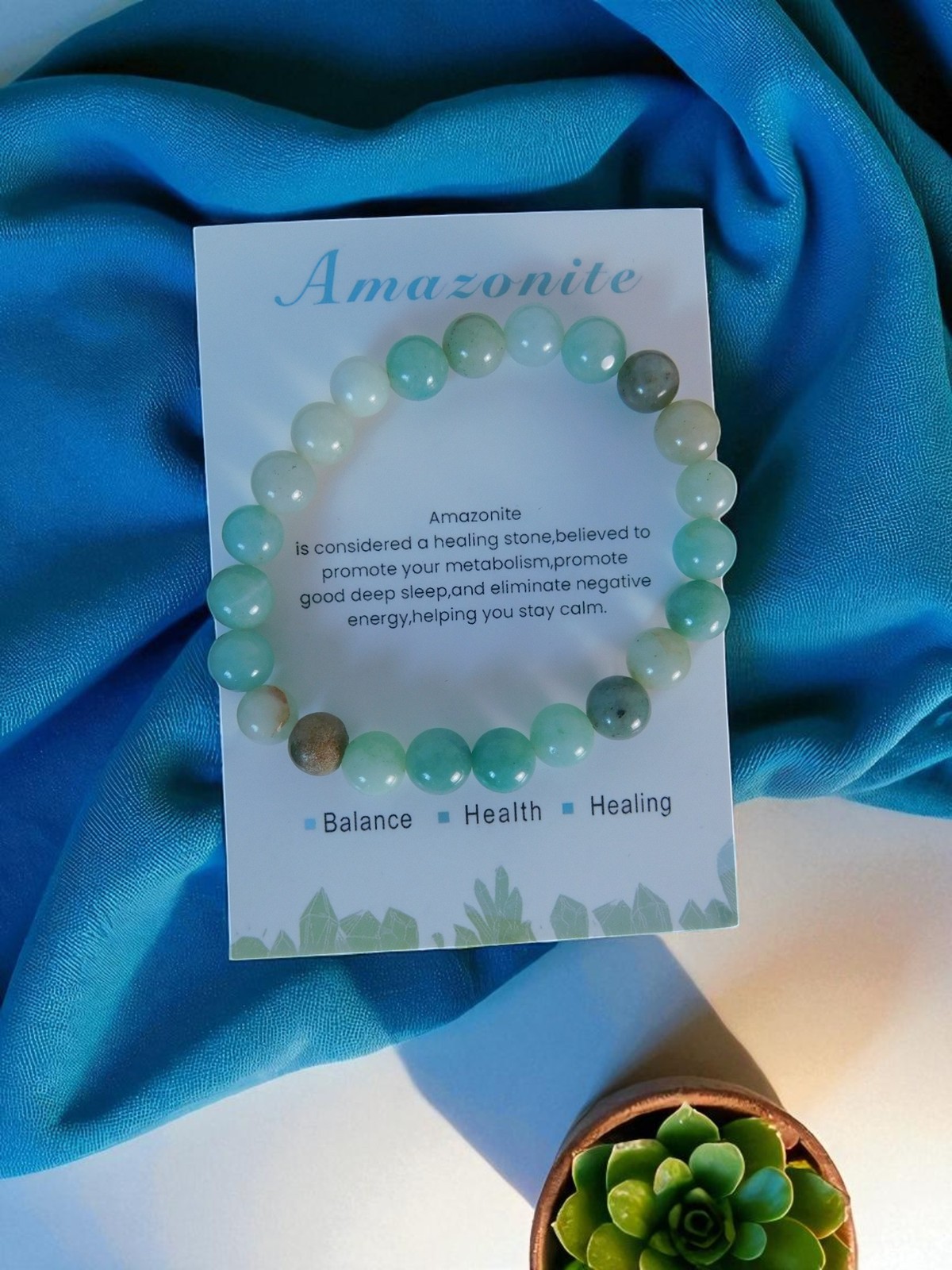 Amazonite Bracelet Healing Crystal Beads Calming Energy Balance Health Jewelry