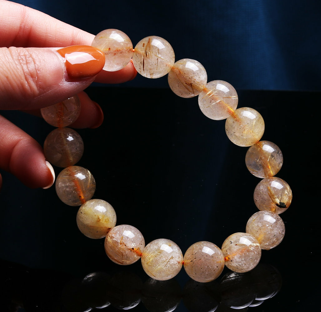 13mm Natural Gold Rutilated Titanium Quartz Crystal Beads Bracelet AAA C0284