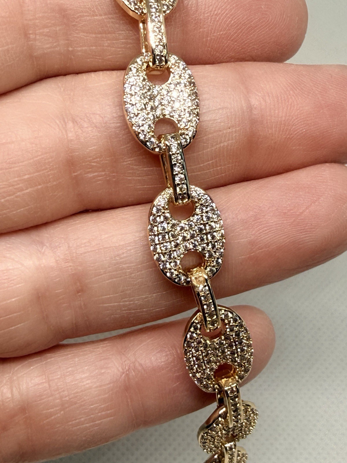 Gold Tone Pavé Oval Link Cable Chain Bracelet White CZ Rhinestones Lobster