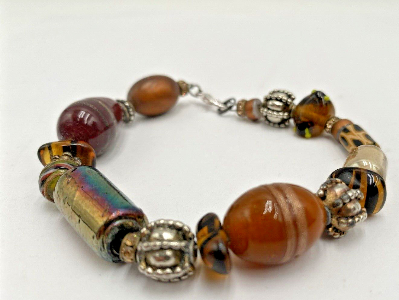 Amber Glass Bead Bracelet Vintage 80’s Orange Brown Marbled 7 3/4″ Long