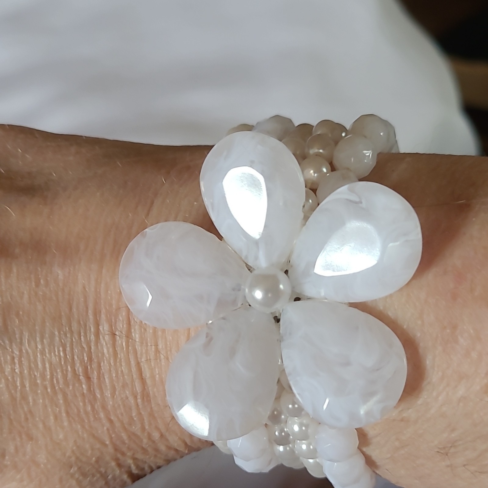 White Beaded Wrap Stretch Bracelet, Imitation Pearl Strands, Flower Accent