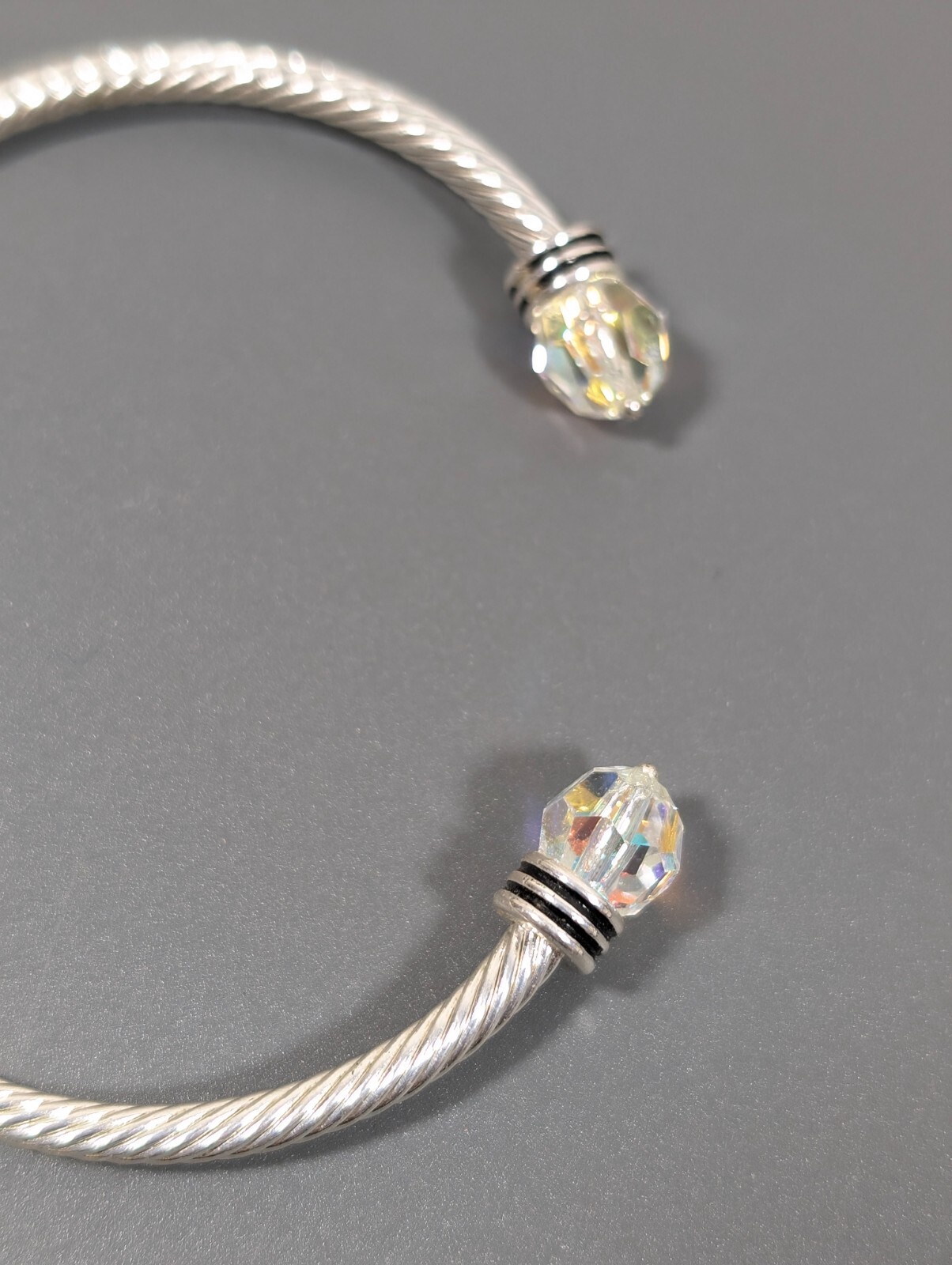 Silver Tone Cable Cuff AB Faceted Class Bracelet 6.5 inch