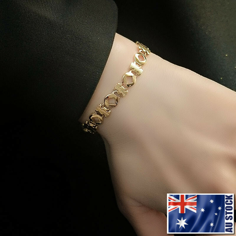NEW 18K Yellow Gold Plated Woman 7MM Stainless Steel Rhombus Link Chain Bracelet