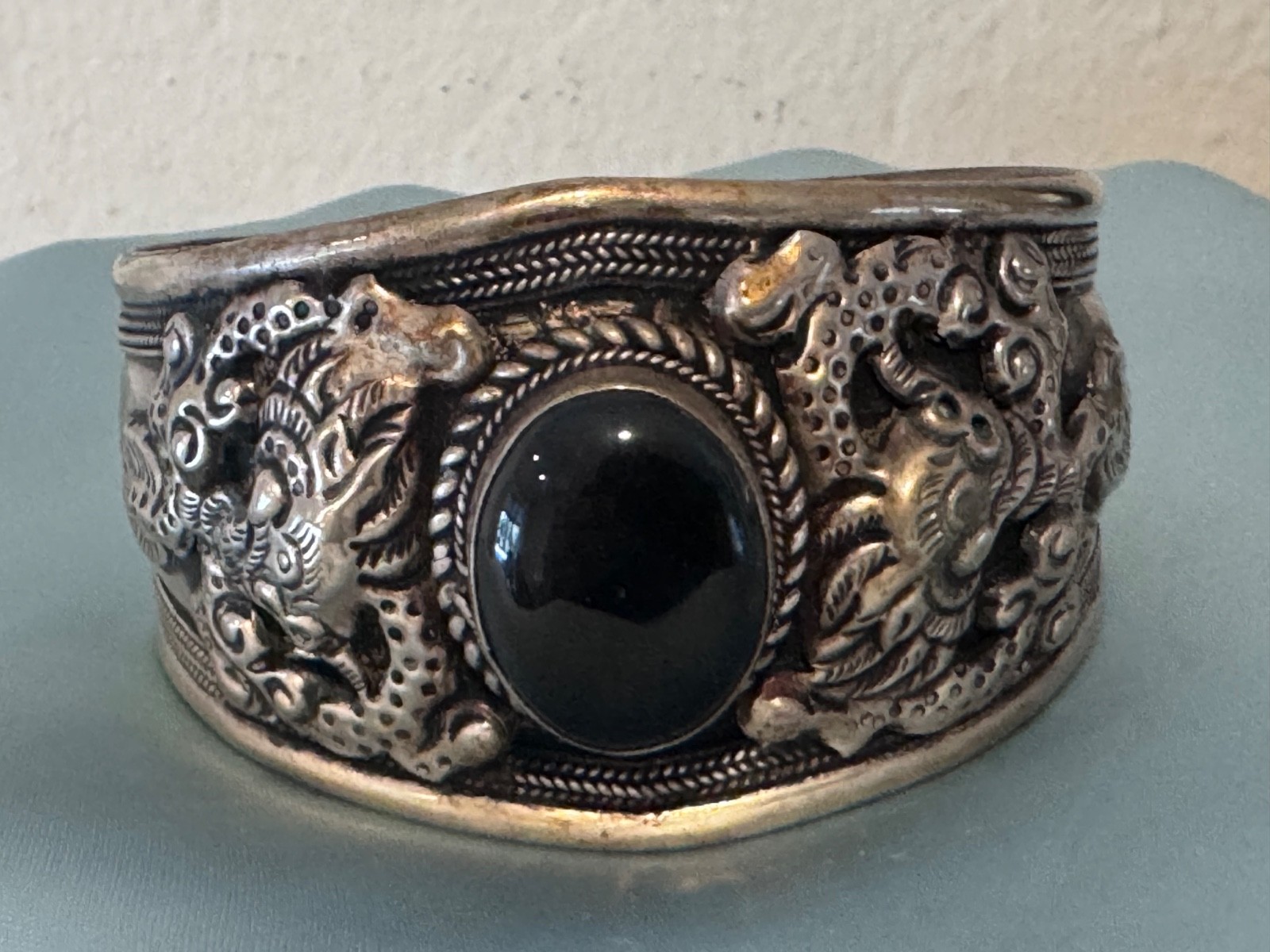 Cuff Bracelet Tibetan Nepal Silver Plated Embossed Dragons Onyx Oval Stone
