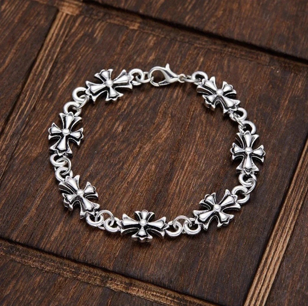 Chrome Style Cross Floral Bracelet Unisex Zinc Alloy Chain Link – UK SELLER