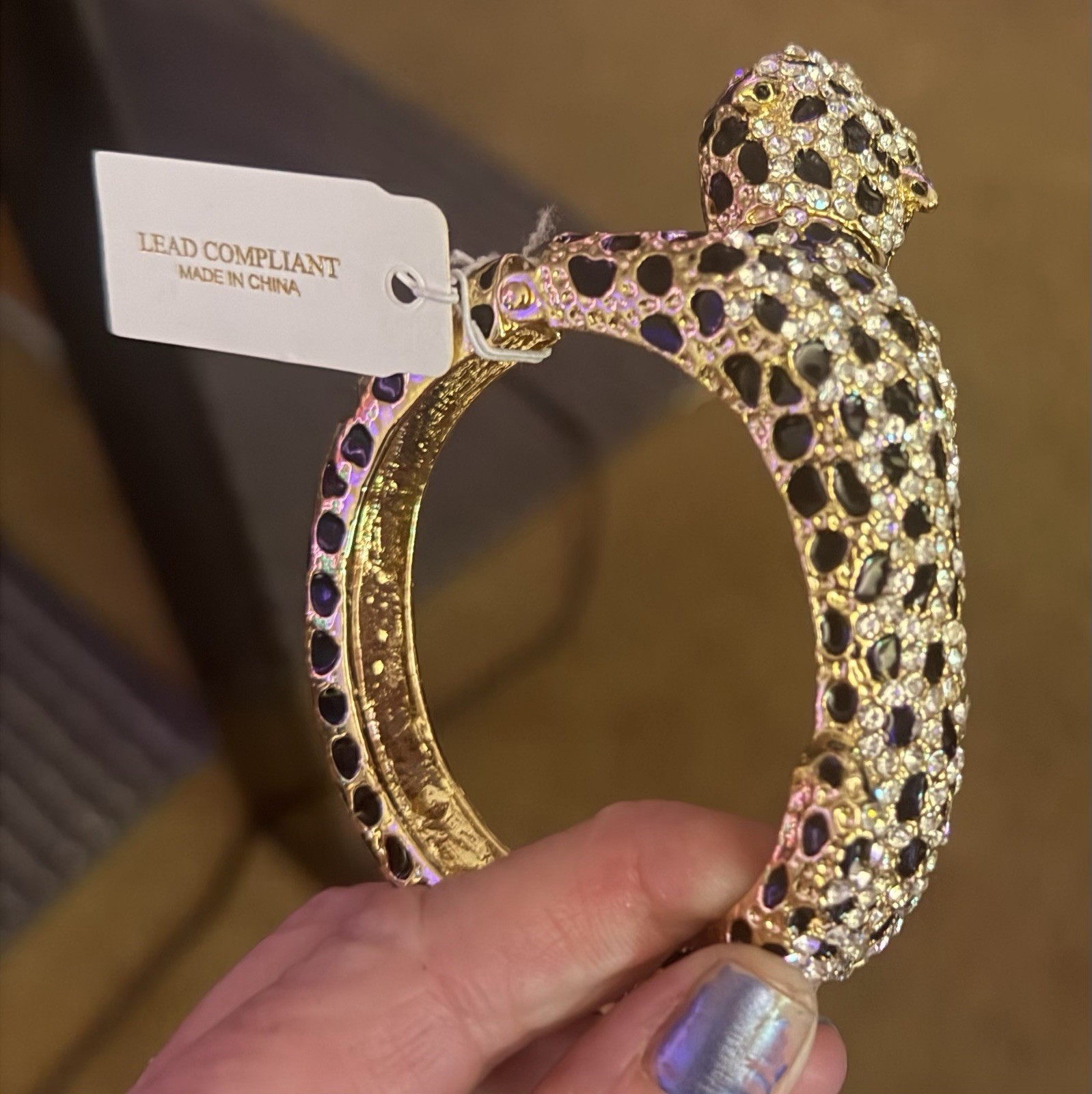 NEW ~ Natasha Leopard Bangle Bracelet 3D Rhinestone Panther Hinged GoldTone