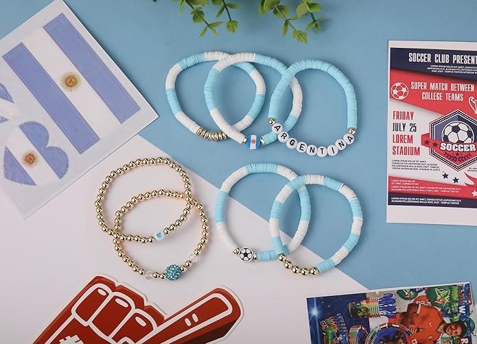 7Pc Sports Fan Bracelet Stack Set Soccer Baseball Football Tennis Charms Jewelry