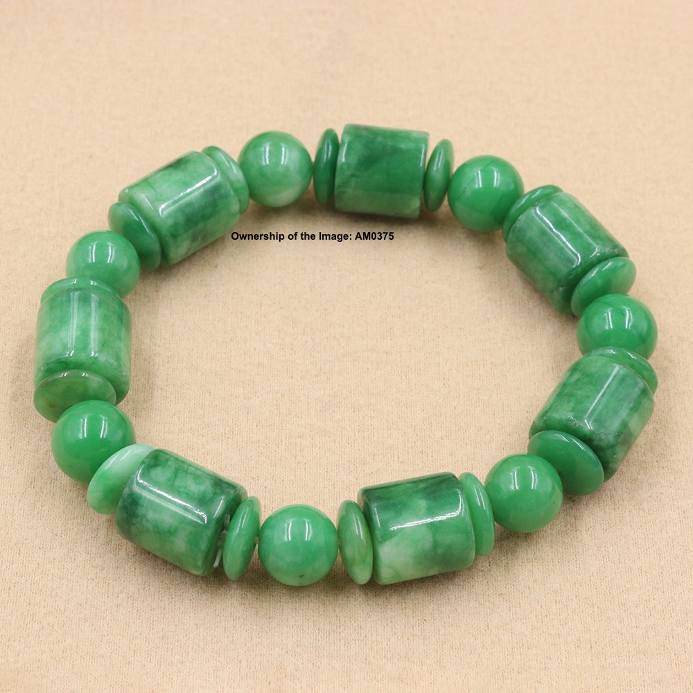 NEW Chinese Green Jade Bracelet 12mm Tube Bead Elastic Bracelet Fit Wrist16-17cm