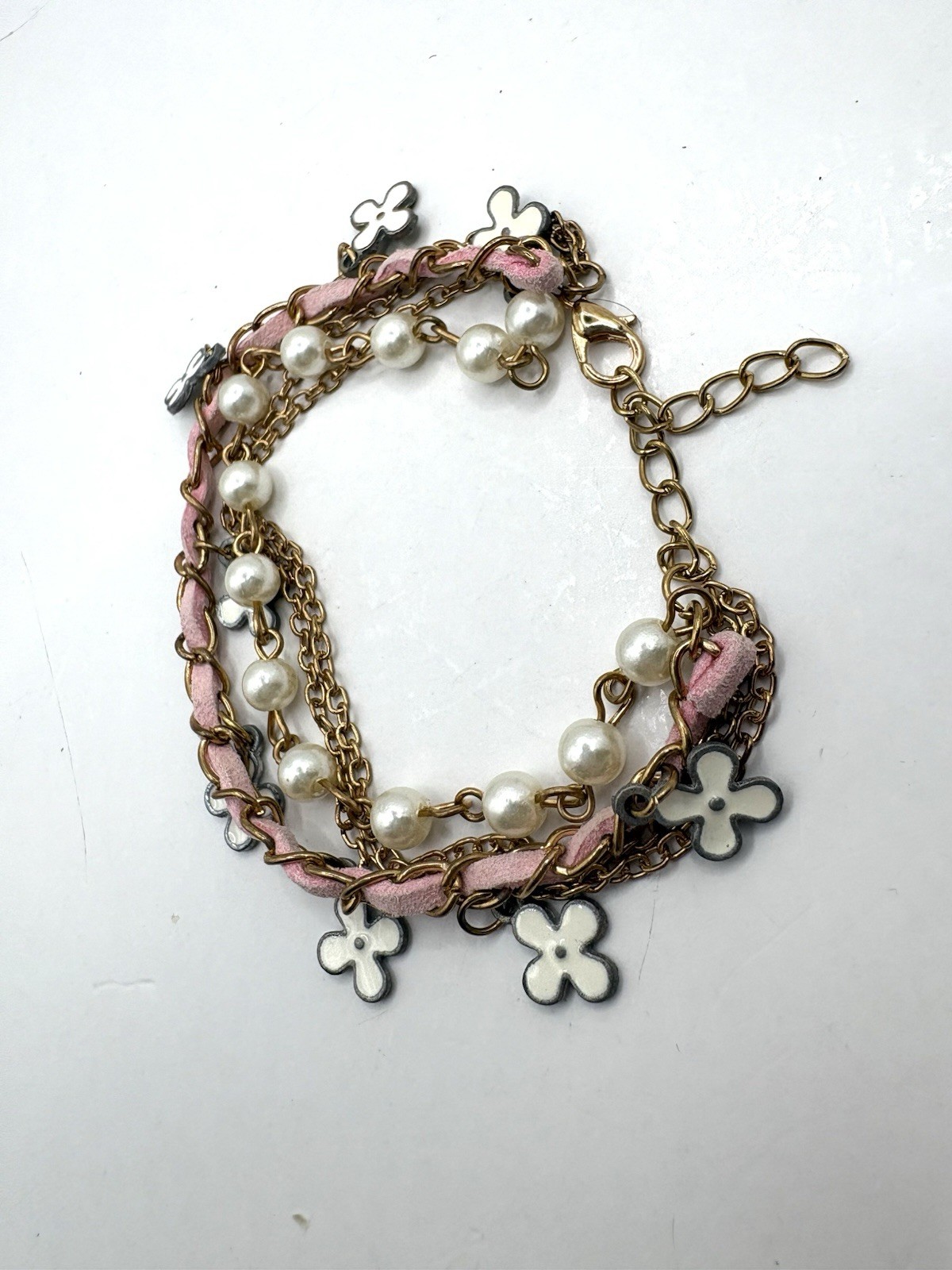 Multi Chain Layered Bracelet Gold Tone Enamel Flowers Pink Leather 7”