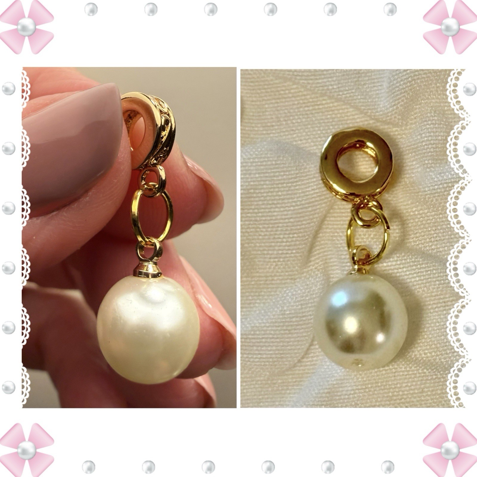 Charm / pendant – round faux pearl – gold tone – New! Never worn.