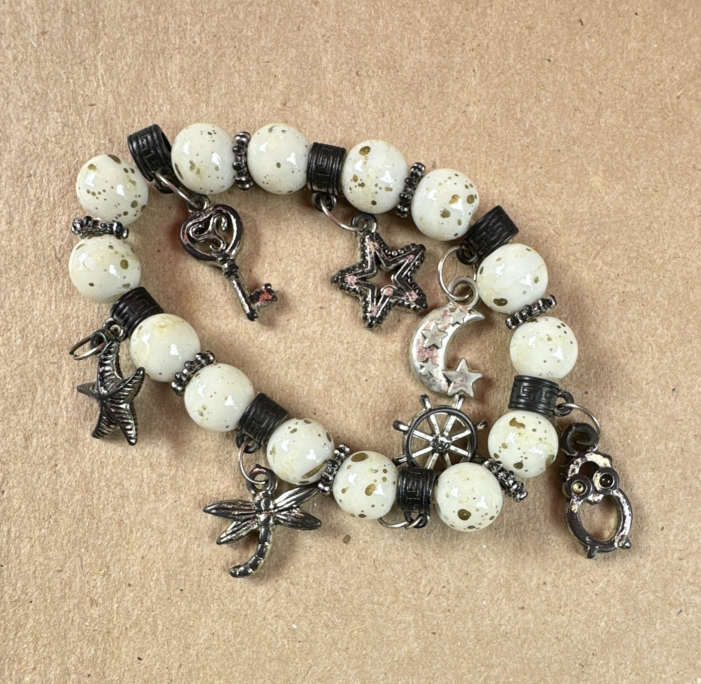 White Beaded Nautical Charm Bracelet Dangle Charms Star Moon Ship Wheel Owl